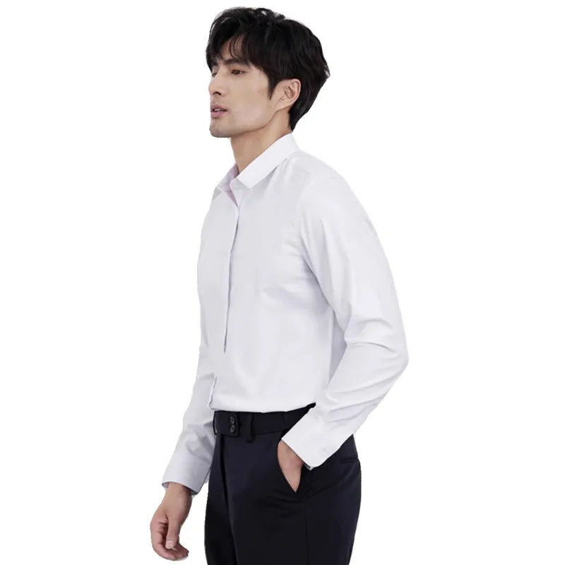 Wine red men's slim fit business shirt with long sleeves and non-ironing polyester blend fabric