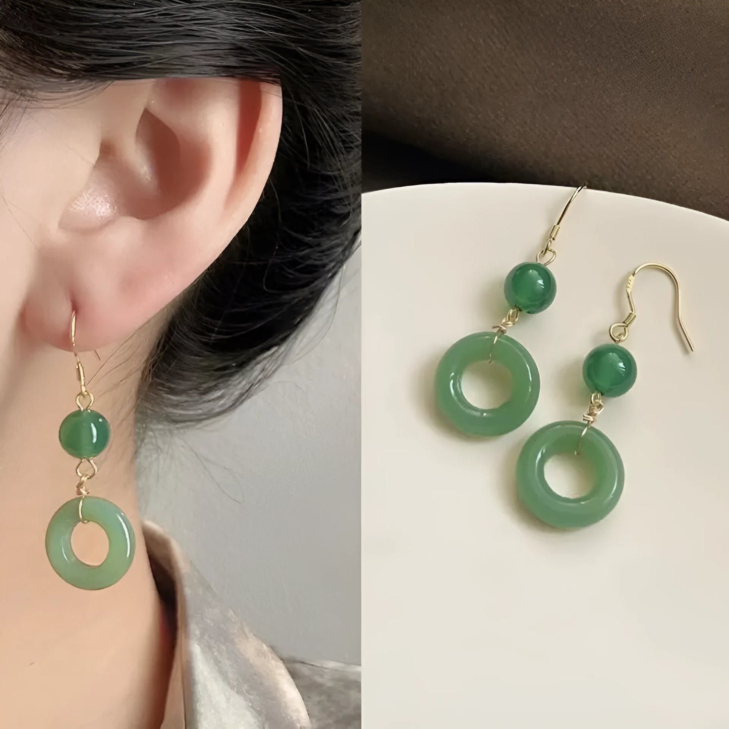 Pair of green geometric peace buckle earrings with Chinese cheongsam design inspiration