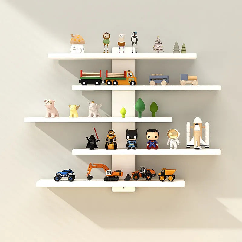 White 5-tier wall-mounted PVC rack displaying toy dolls and blind box collectibles.