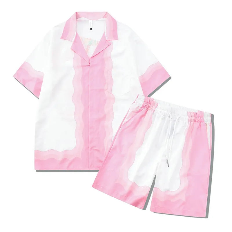 Plaid pattern beach outfit set with short sleeve shirt and trousers for teenagers