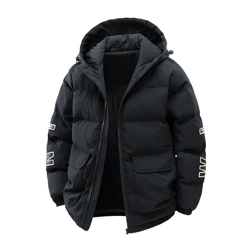 Men's black hooded Korean-style winter coat with letter print and side pockets.