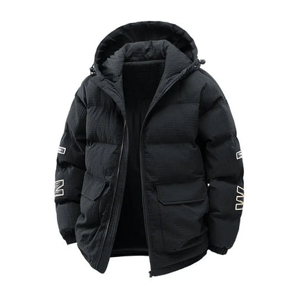 Men's black hooded Korean-style winter coat with letter print and side pockets.