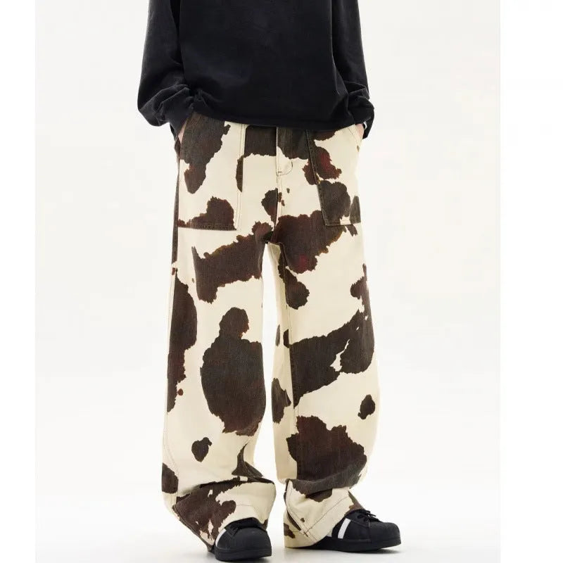 Men's straight-leg trousers with American retro cows print in a mid waist design, available in cotton-polyester blend casual trousers for leisure wear with a classic button-fly opening and choice of six sizes including 3XL