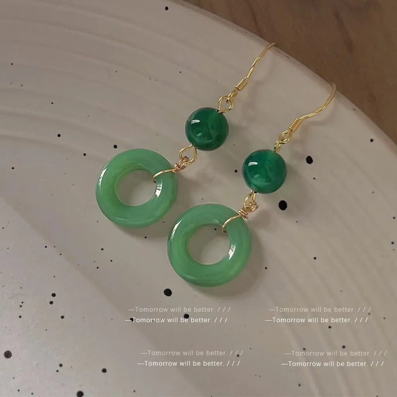 Chinese style green jade geometric cheongsam peace buckle earrings made from zinc alloy with 14K gold plating, a pair of fashion accessories inspired by traditional Han clothing designs suitable for everyday wear