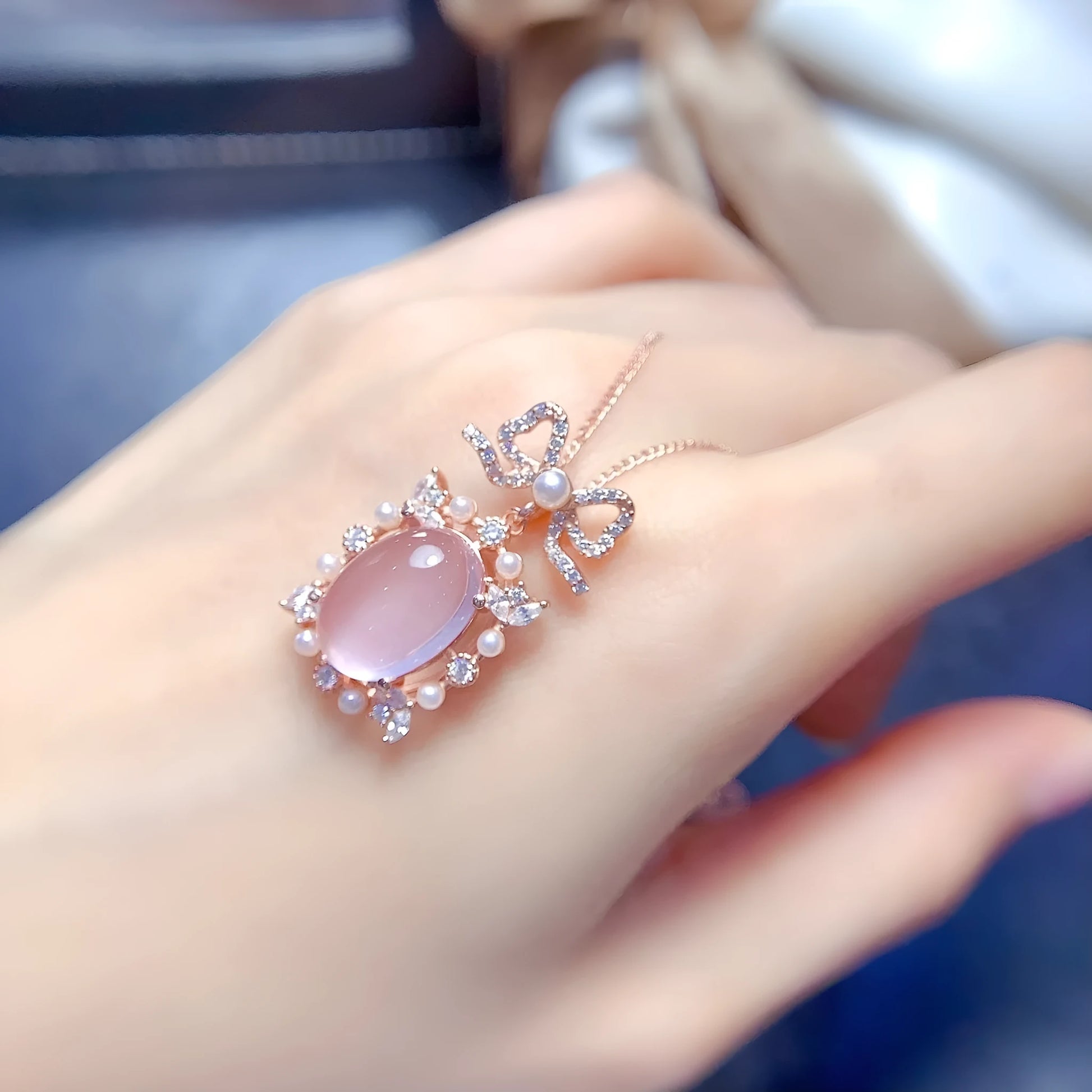 Natural pink rose quartz geometric pendant on 925 silver necklace with rose gold plating