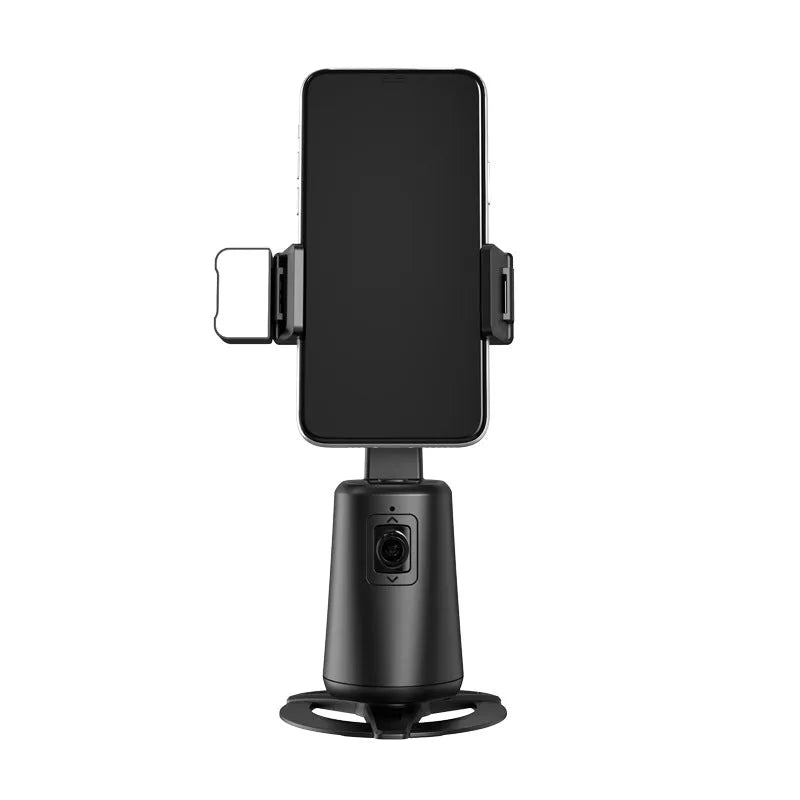 Black desktop smartphone bracket with face tracking camera rotation and LED lighting remote control