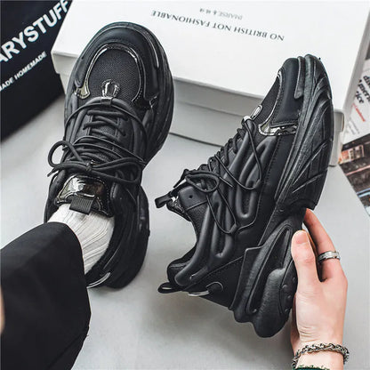 Men's low-top lace-up sneakers in mesh and PU leather with rubber sole, shown in beige and black colours.