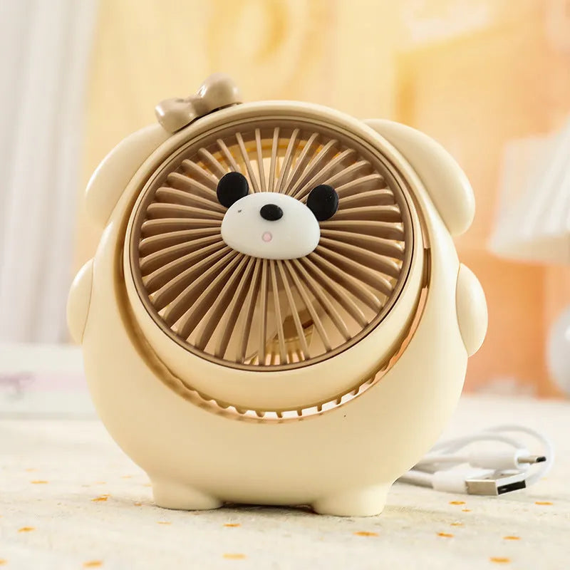USB desktop fan with cute dog design in Bear Brown colour, showing compact size and three speed buttons.