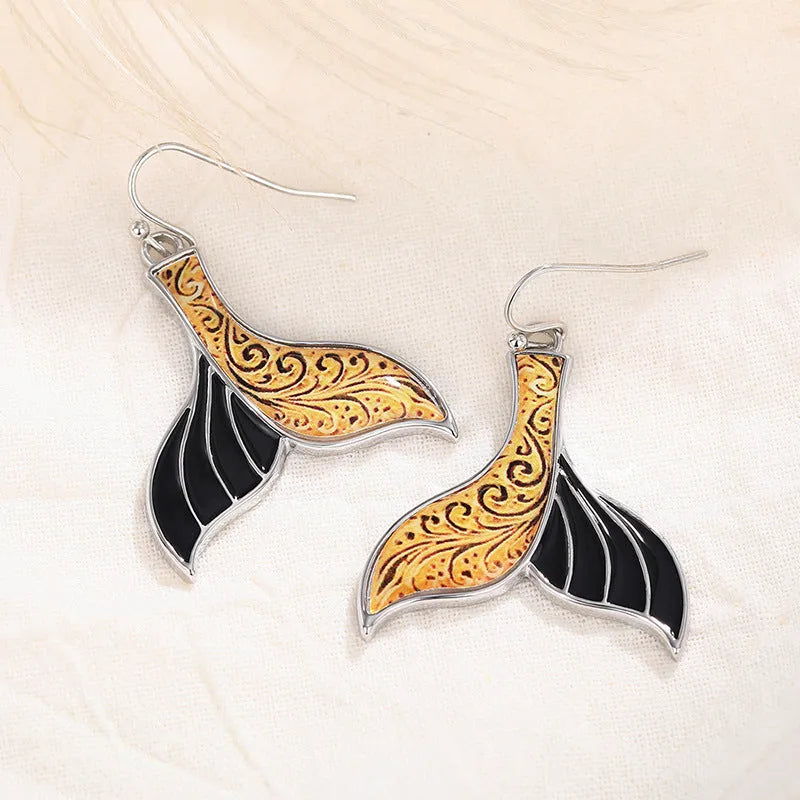Women's fashion earrings fishtail design personalised whale motif retro style alloy jewellery white gold colour drop earrings for female wearers elegant vintage accessory