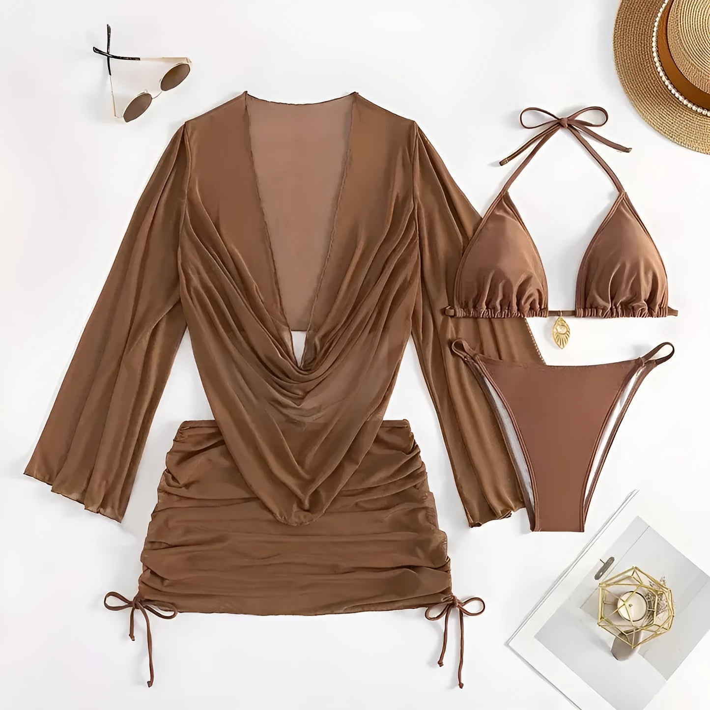 Dark brown women's one-piece swimsuit with a lace-up front and backless design.