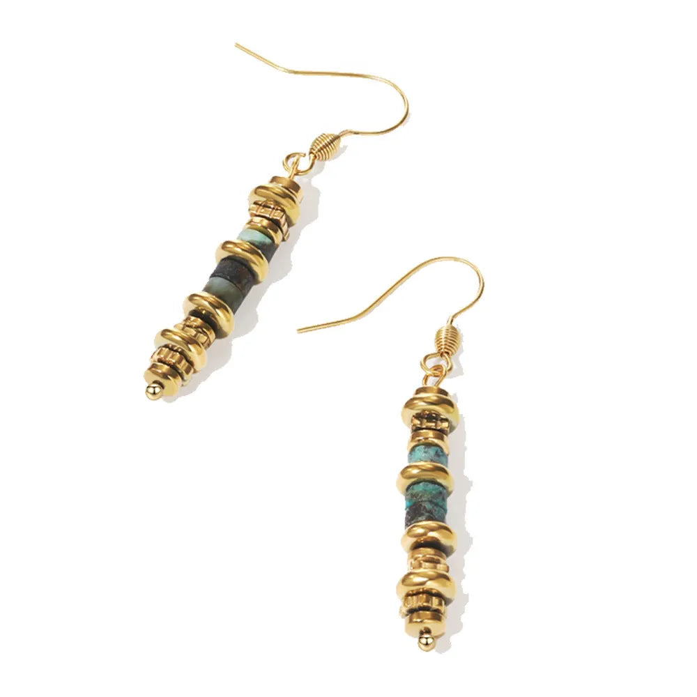 Geometric titanium steel dangle earrings with 18K gold plating on a white background.