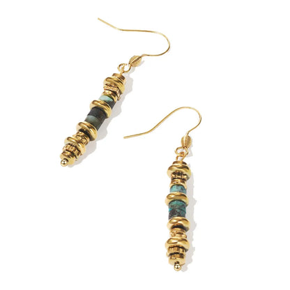 Geometric titanium steel dangle earrings with 18K gold plating on a white background.