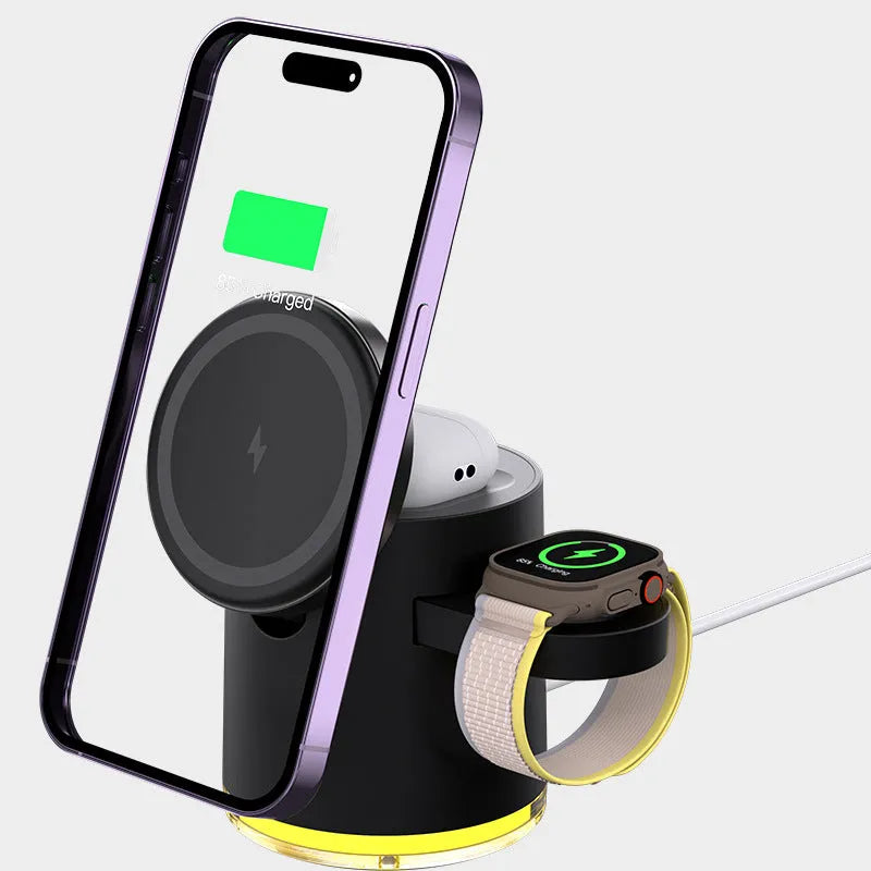 Black C16 magnetic folding wireless charger showing iPhone, Apple Watch, and AirPods placed on its three charging pads.