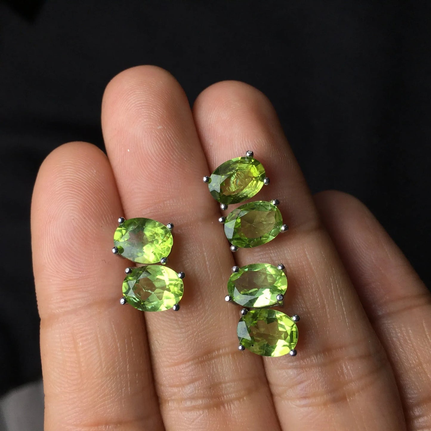 Natural grass green olivine stud earrings in S925 silver with geometric faceted 6×8mm stones