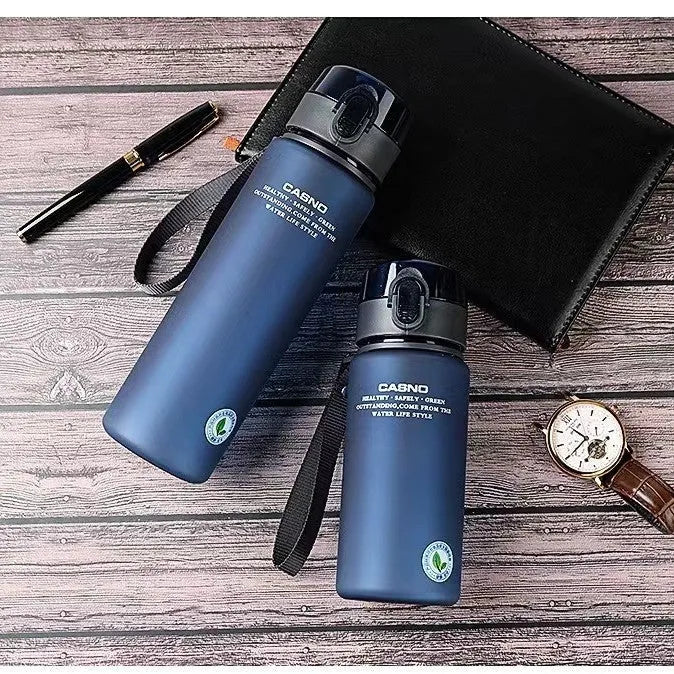 PC sports water bottle with lanyard in frosted finish colours showing leak-proof seal