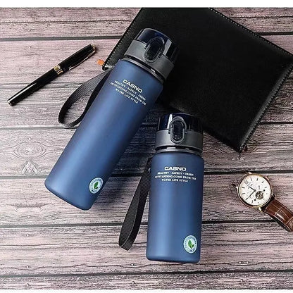PC sports water bottle with lanyard in frosted finish colours showing leak-proof seal