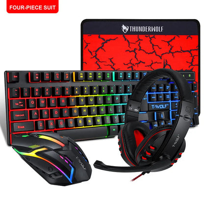 Thunder Wolf gaming keyboard mouse set with luminous effects and matching headset on mouse pad