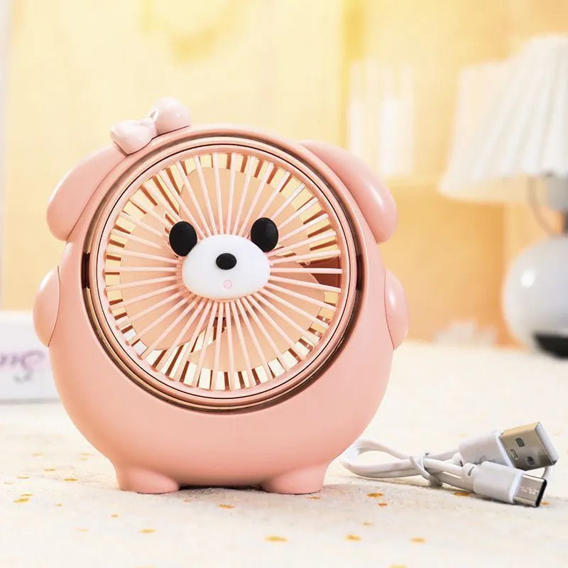 USB desktop fan with cute dog design in Bear Brown colour, showing compact size and three speed buttons.