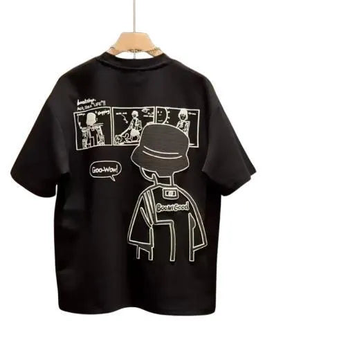 Men's white t-shirt with simple black cartoon print design, slim fit with short sleeves