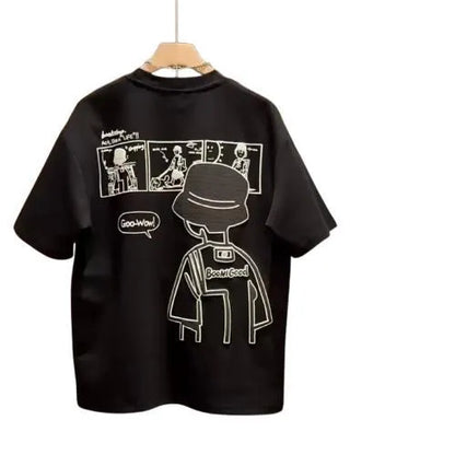 Men's white t-shirt with simple black cartoon print design, slim fit with short sleeves