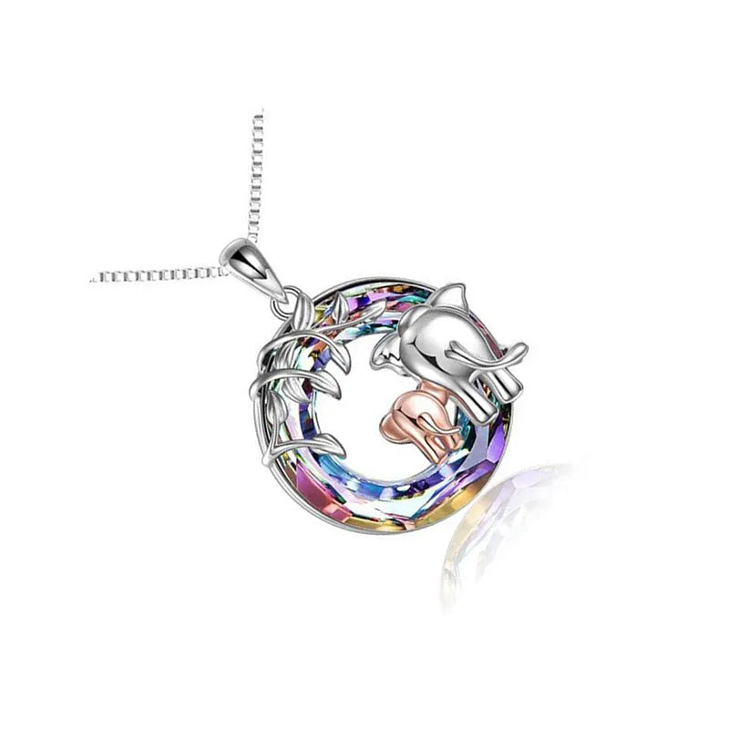 Platinum colour women's necklace with animal-shaped geometric diamond pendant featuring Saturn decoration on adjustable chain