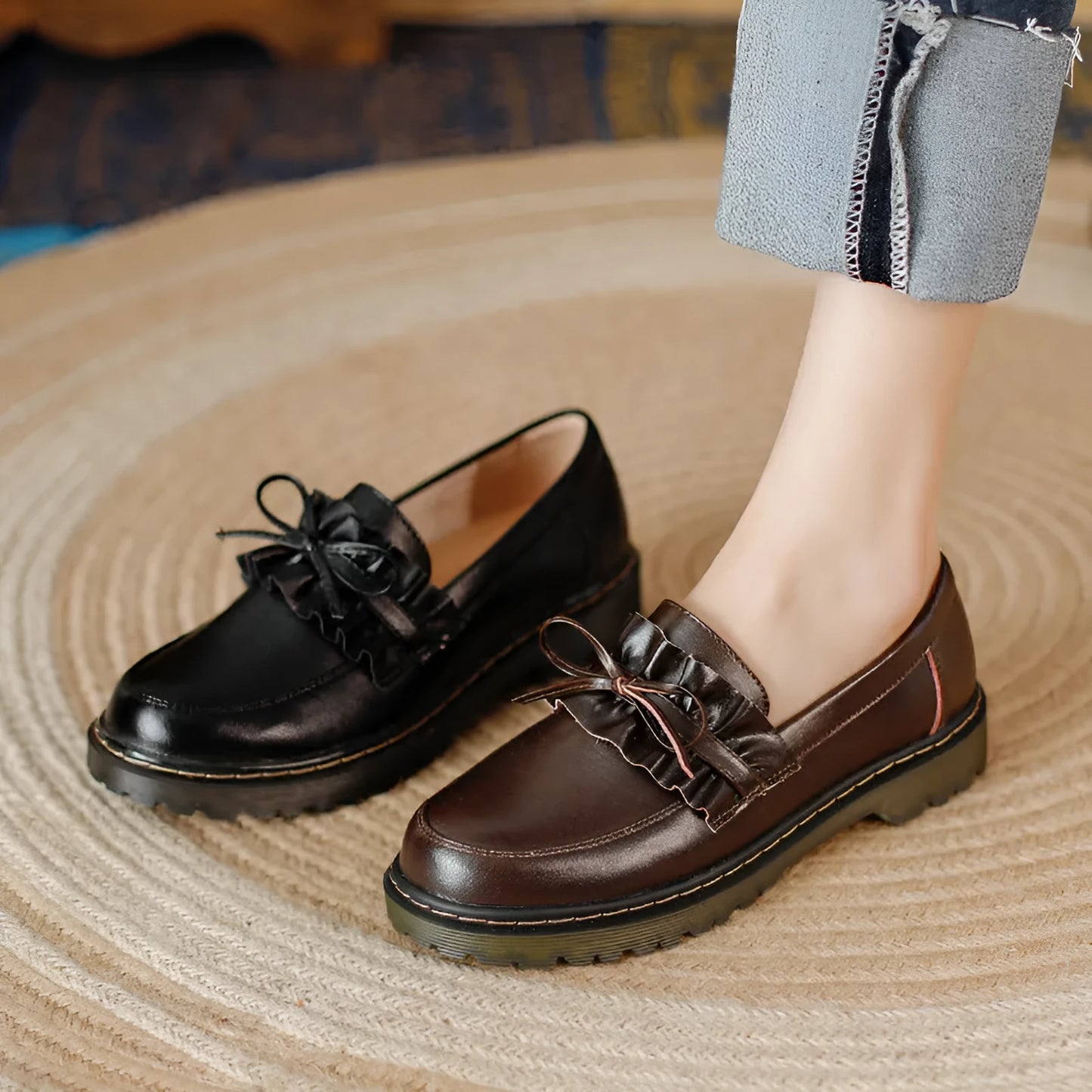 Black and brown women's leather shoes with round toe and chunky flat heel