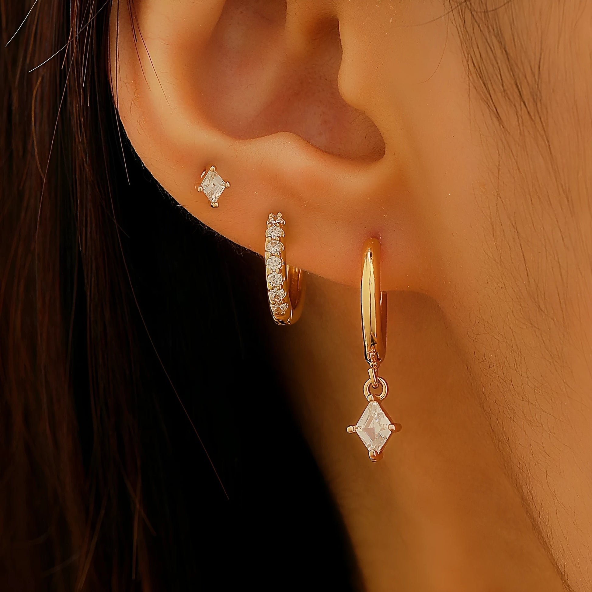 Ladies three-piece geometric earring set with inlaid zircon in gold and white colours