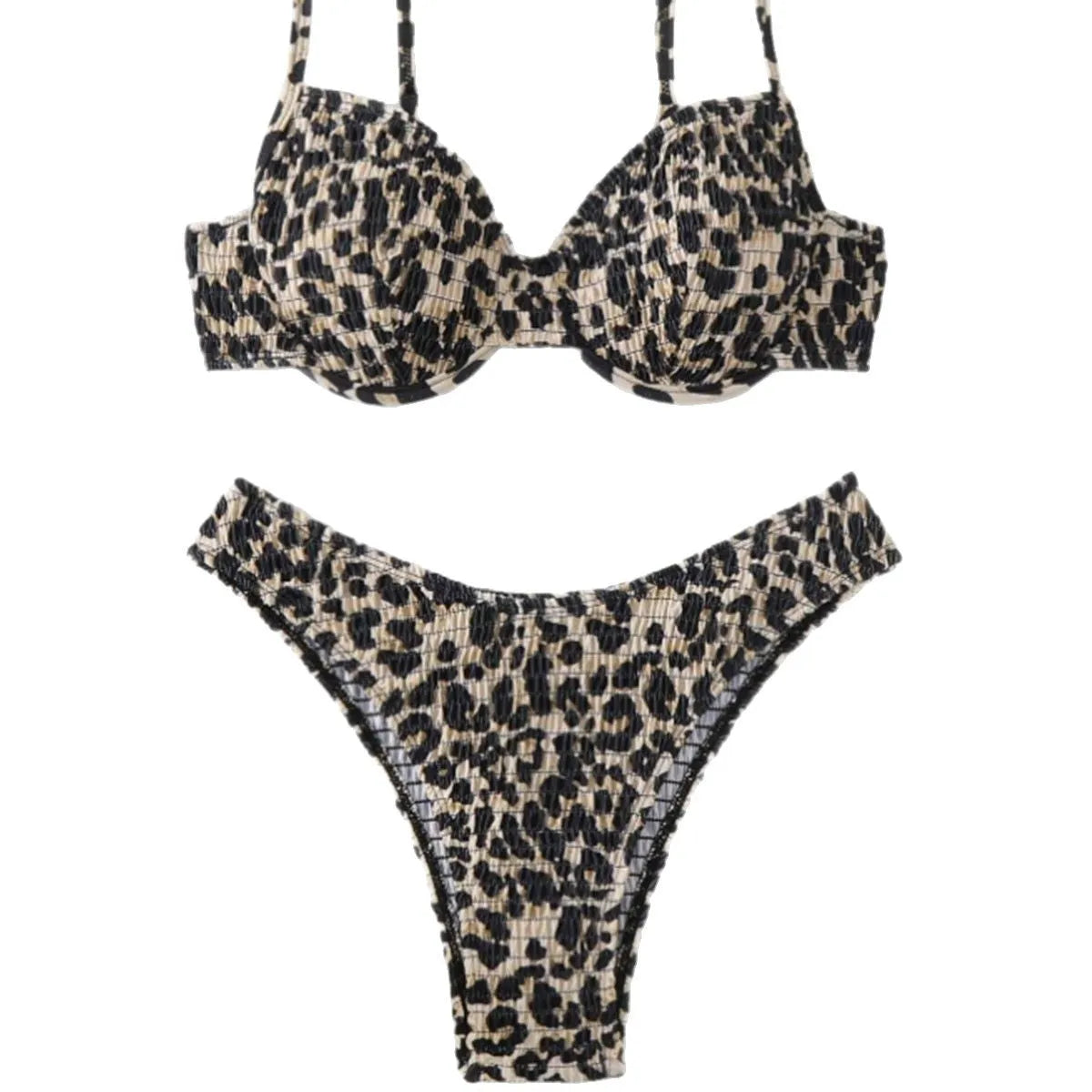 Leopard point bikini swimsuit in brown mixed colour with backless briefs style