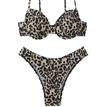 Leopard point bikini swimsuit in brown mixed colour with backless briefs style