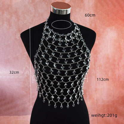 Clear acrylic crystal sequins body chain draped as a chest necklace.