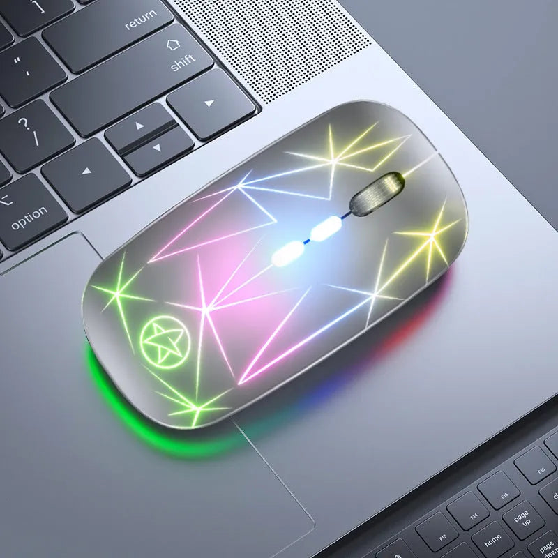 Wireless dual-mode Bluetooth gaming mouse with metal roller in star black finish alongside charging cable