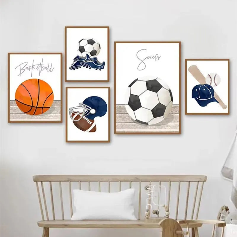 Cartoon ball tools sports wall art poster featuring football basketball baseball designs for children's bedroom decor in 20x30cm, 30x40cm, 40x60cm, and 50x70cm canvas sizes available with frameless mounting.