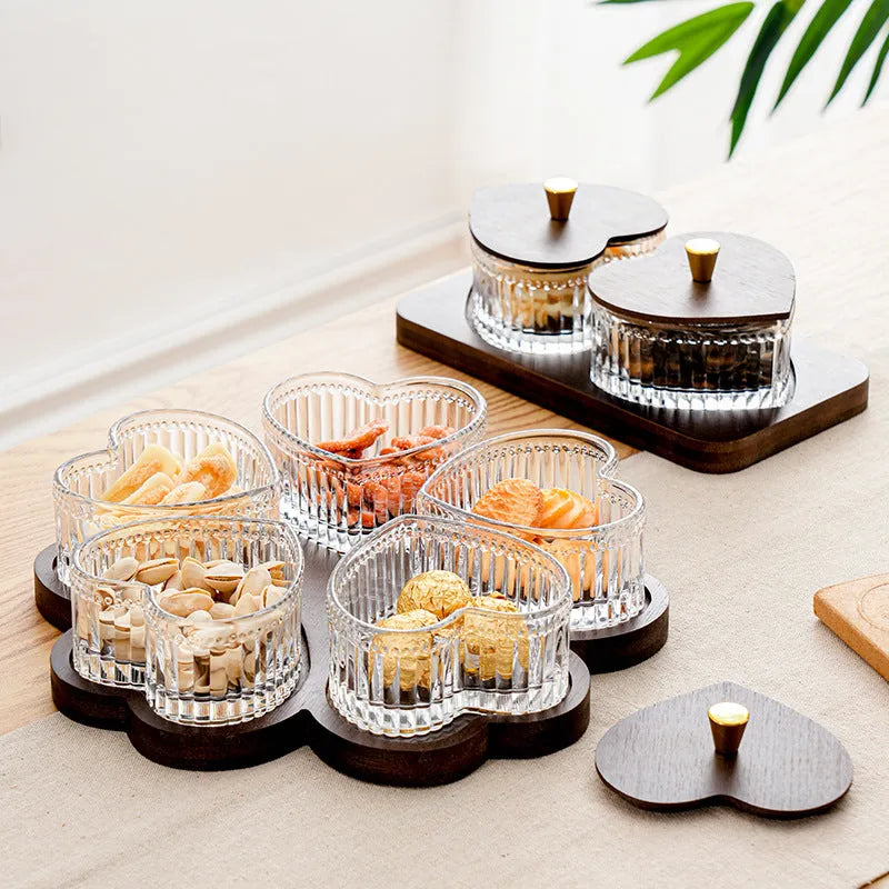 Transparent glass fruit platter with heart-shaped lid in 2-grid, 3-grid, 4-grid, and 5-grid tray options.