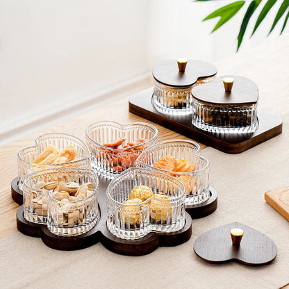 Transparent glass fruit platter with heart-shaped lid in 2-grid, 3-grid, 4-grid, and 5-grid tray options.