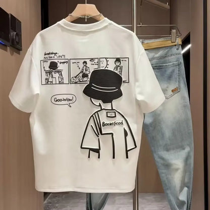 Men's black cotton short sleeve T-shirt featuring a cartoon print design on the front.