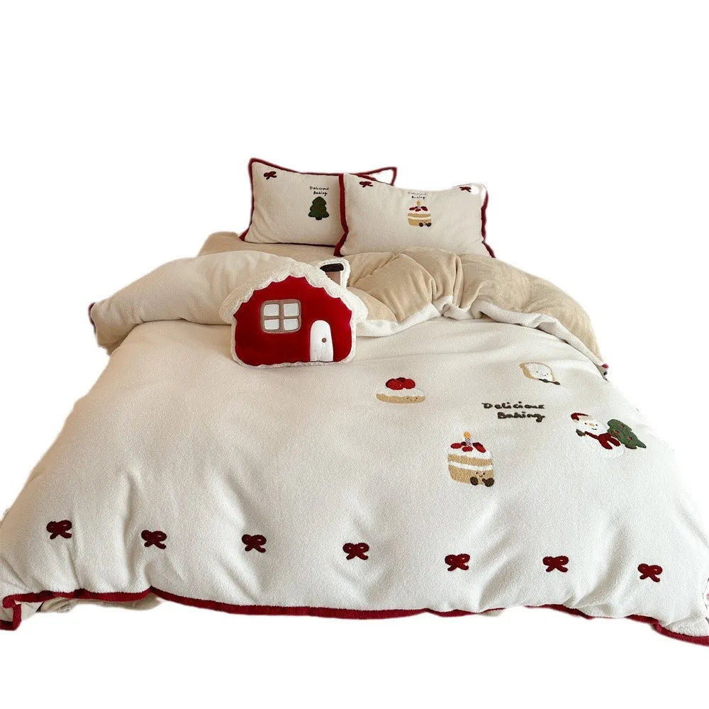 Winter Christmas cartoon four-piece bedding set with bed sheet, duvet cover, and pillowcases in polyester material