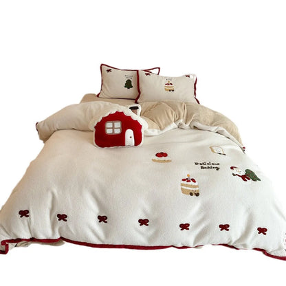Winter Christmas cartoon four-piece bedding set with bed sheet, duvet cover, and pillowcases in polyester material