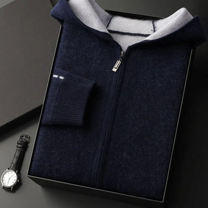 Men's dark blue half-high collar zip cardigan sweater with loose fit and long sleeves