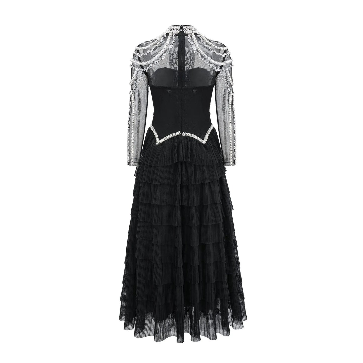Black long sleeve beaded dress for women with 3D decoration and mid-waist fit.