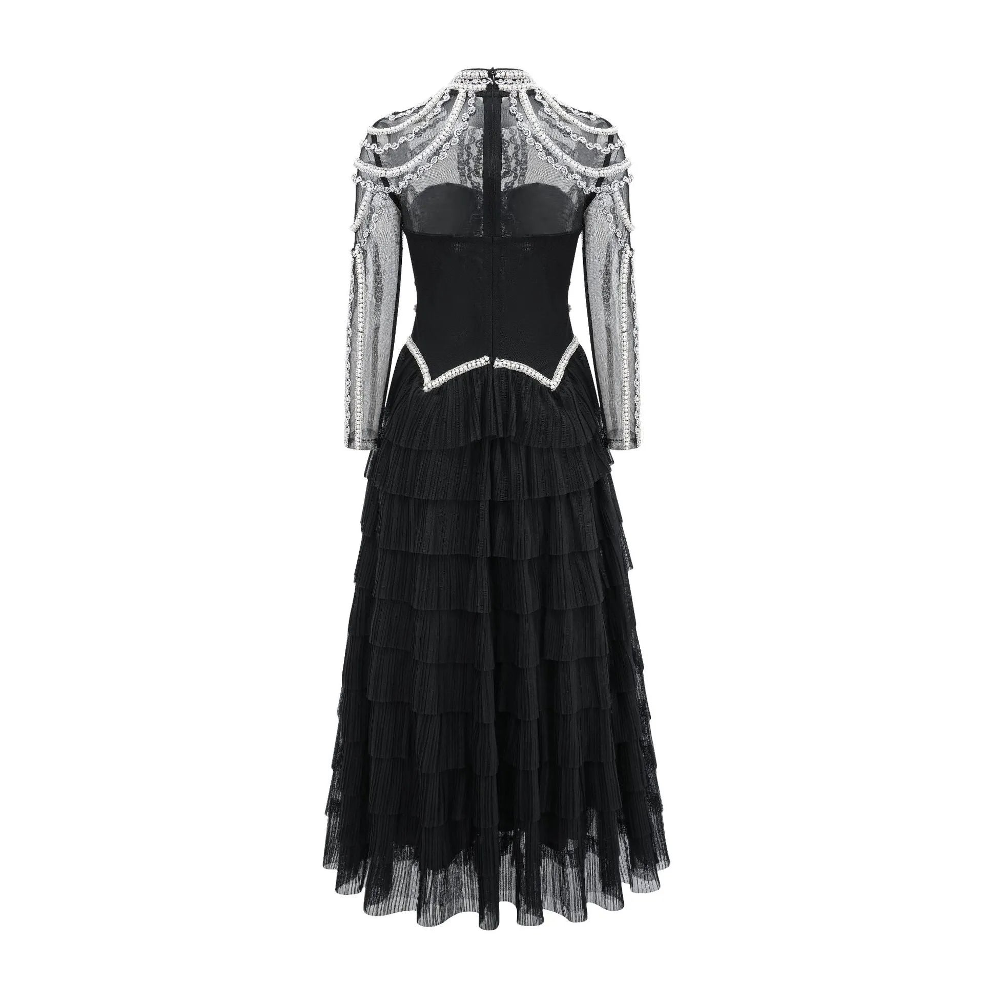 Black long sleeve beaded dress for women with 3D decoration and mid-waist fit.