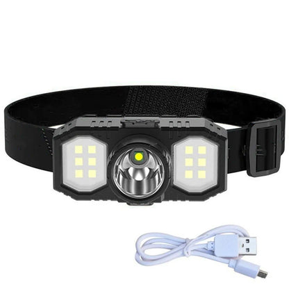White USB rechargeable headlamp with adjustable headband and integrated LED light.