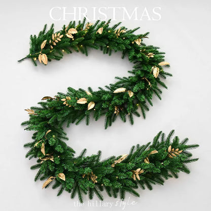 Long 2.7 metre Christmas PE rattan garland with velvet balls and integrated lights in golden leaf or red rattan colour.