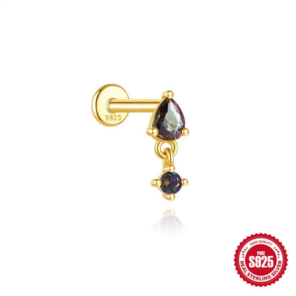 Sterling silver flat head thread piercing earrings with geometric shape and rainbow stone detail