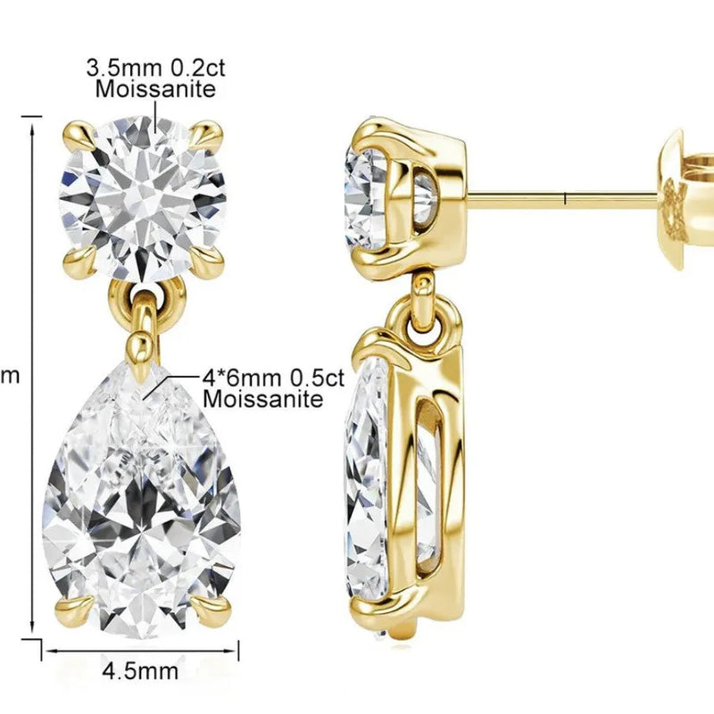925 sterling silver water drop moissanite stud earrings for women with a geometric shape, featuring a 4*6mm water drop centre stone paired with two round 3.5mm accent stones in a simple setting, available in gold or silver finish.