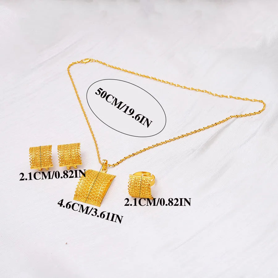 Golden women's bridal jewellery set showing copper necklace, earrings, and ring.