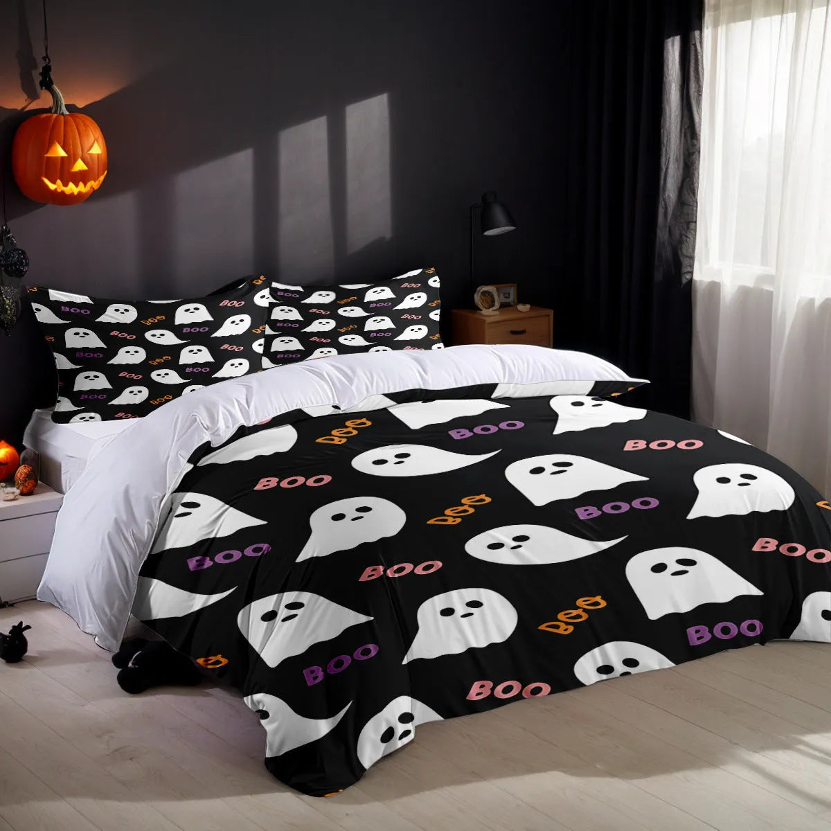 White three-piece bed set with digital printed pattern on chemical fibre fabric