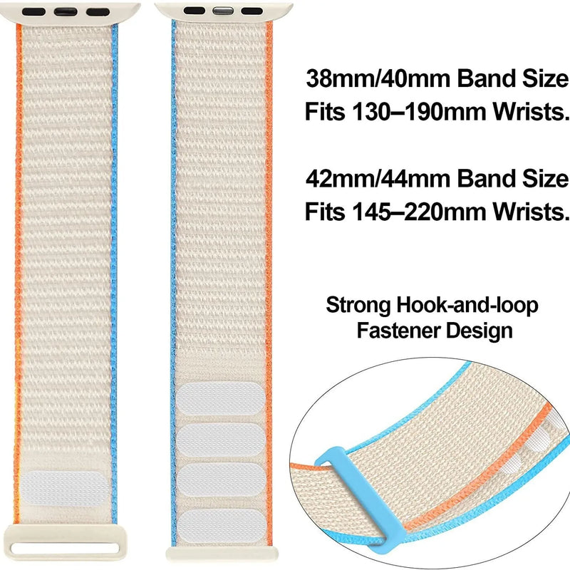 Apple Watch strap made from woven nylon with universal fit for 38/40/41/42/44/45/49mm Apple Watch models, available in 16 colours including rainbow, reflective, and neutral options such as pink sand, all black, and sea salt.