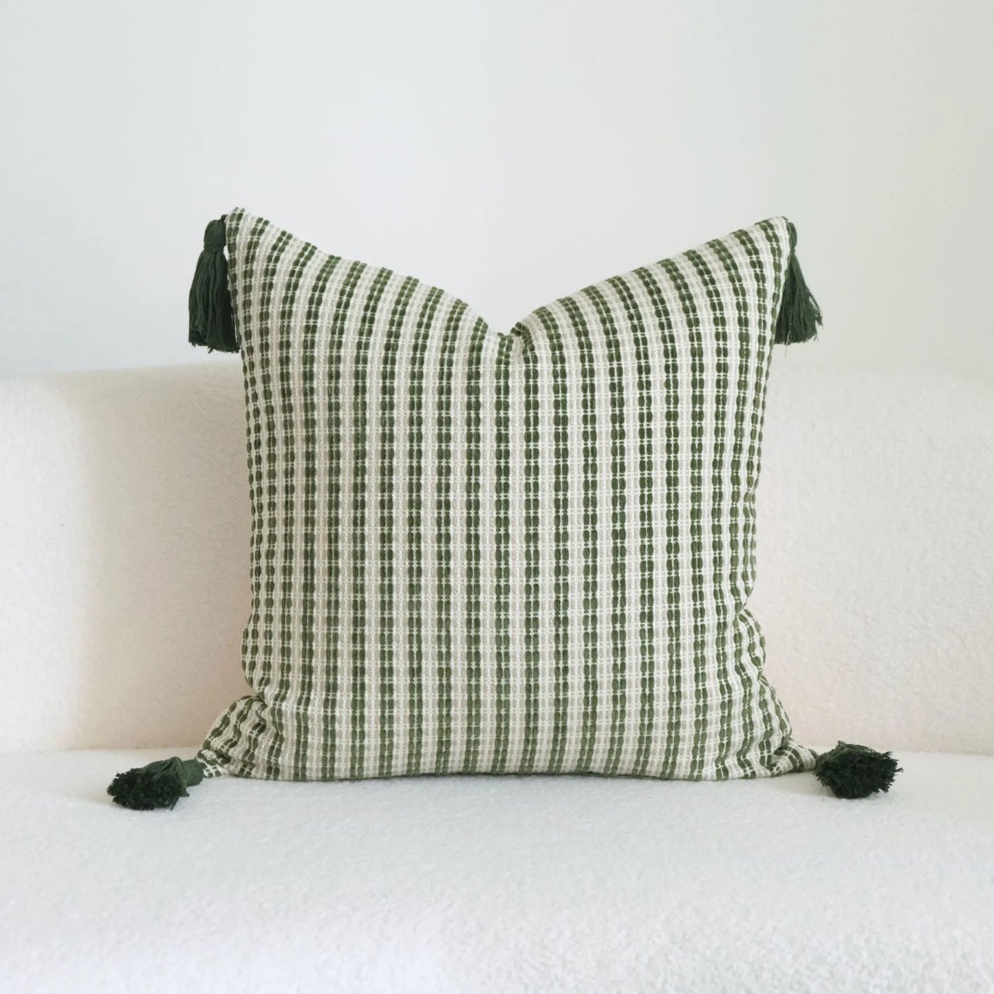 Green cotton and linen tassel pillow with silk floss filler in striped and leafy patterns, sizes 30x50cm to 50x50cm