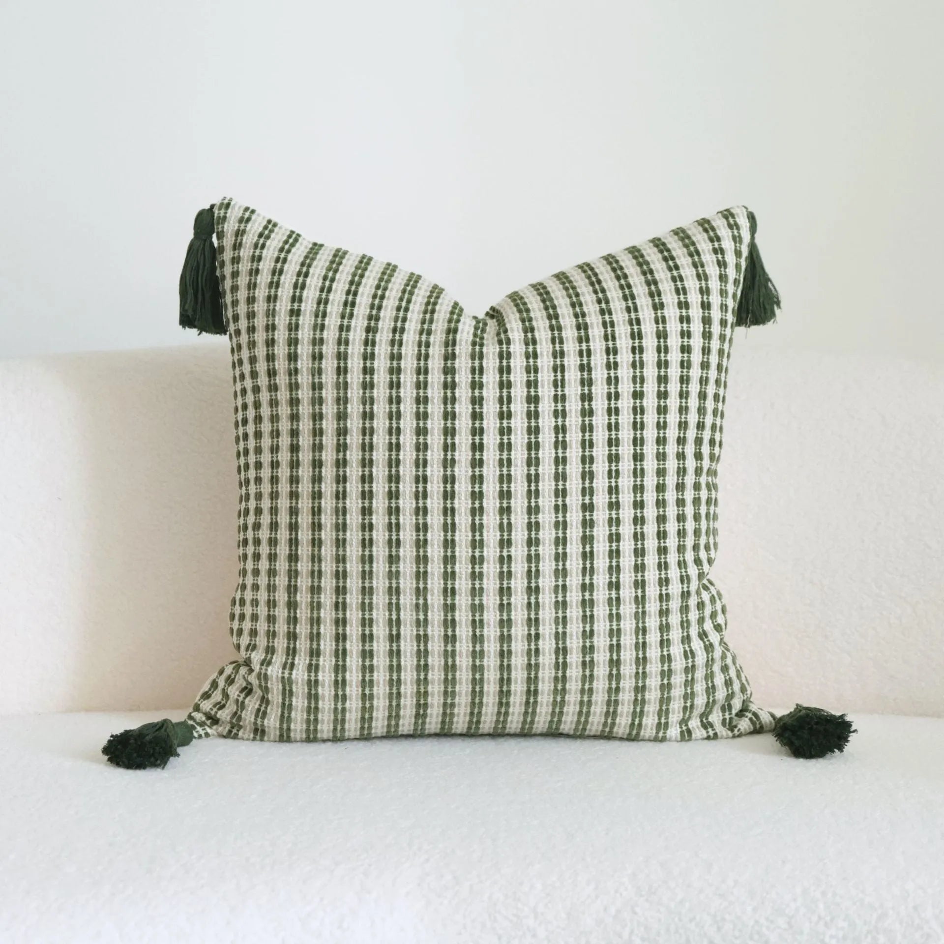 Green cotton and linen tassel pillow with silk floss filler in striped and leafy patterns, sizes 30x50cm to 50x50cm