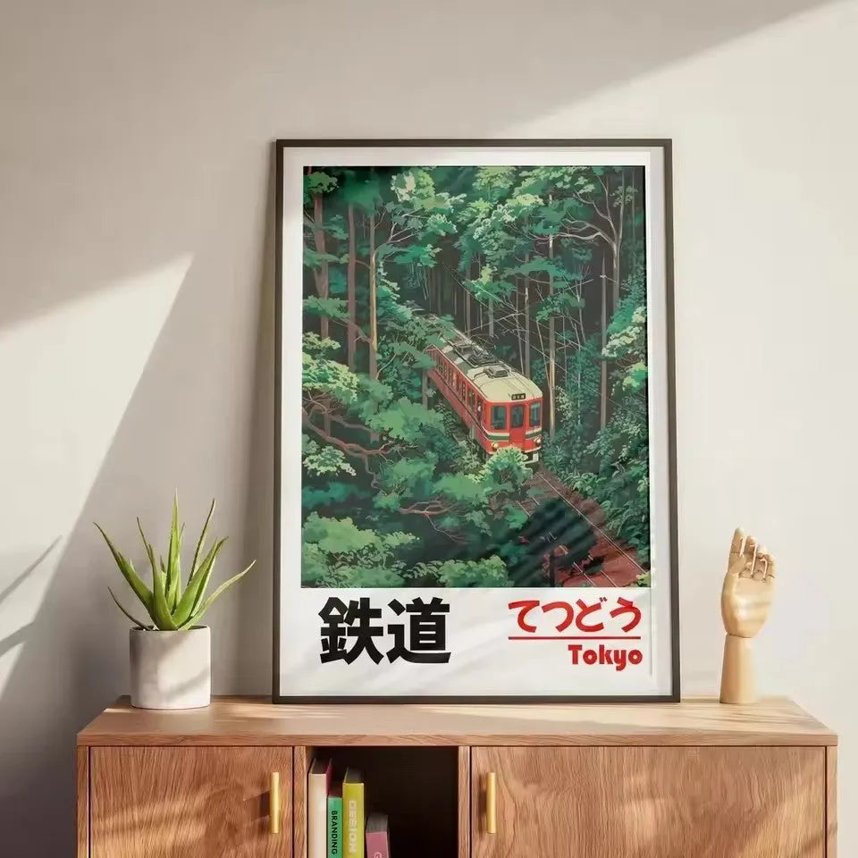 Retro Japanese landscape canvas art poster depicting a railway scene, frameless and in Nordic style.